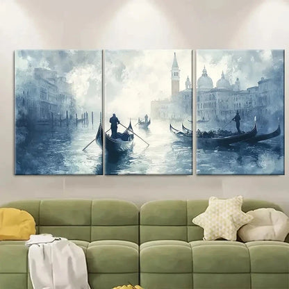 3pcs Blue & Gray Symmetrical Canal Reflections Metal Print Ready to Hang Art