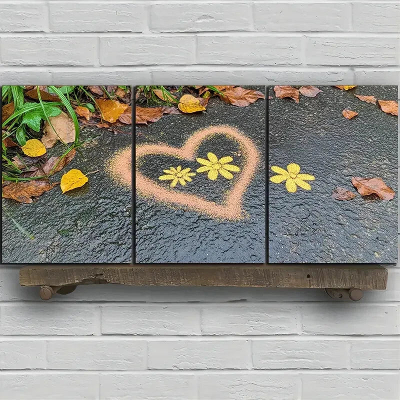 3pcs Love Made of Leaves Yellow Flowers Metal Print Ready to Hang Art