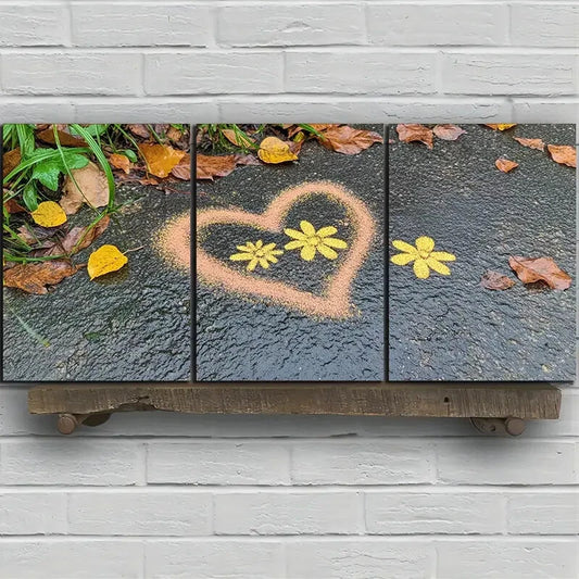 3pcs Love Made of Leaves Yellow Flowers Metal Print Ready to Hang Art