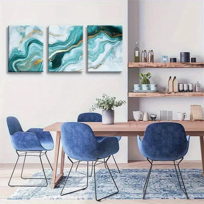 3pcs Turquoise Golden Abstract Fluid Texture Metal Print Ready to Hang Art