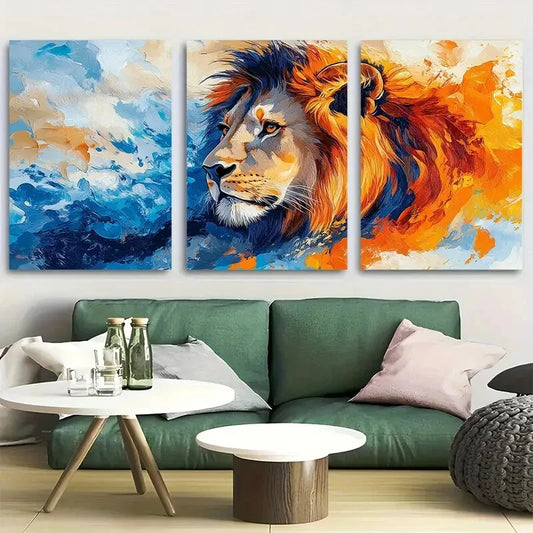 3pcs Side Profile Lion in Bold Abstract Watercolor Metal Print Ready to Hang Art