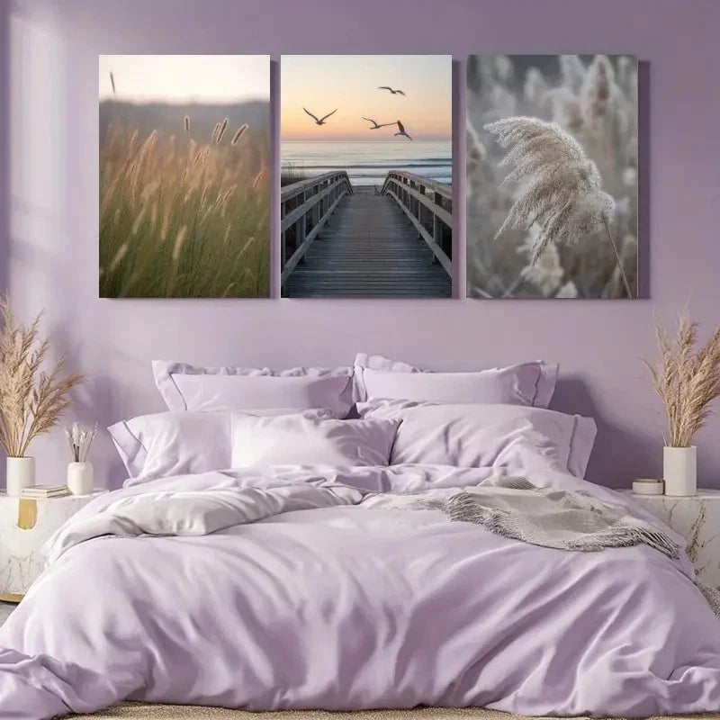 3pcs Serene Beach Path Dune Grass & Seagulls Scene Metal Print Ready to Hang Art