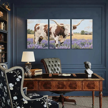 3pcs Pastoral Texas Longhorn Cow Purple Flowers Metal Print Ready to Hang Art