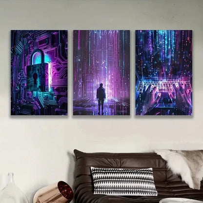 3pcs Neon Lit Cyberpunk Artwork Wall Art Set Canvas Framed 40x60cm - High Quality Print 100% Australian Made Wall Canvas Ready to Hang