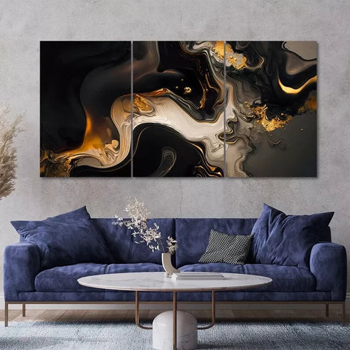 3 Piece Black Gold Marble Luxury Patterns Canvas Framed 60x90 cm - High Quality Print 100% Australian Made Wall Canvas Ready to Hang