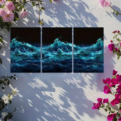 3pcs Ocean Wave Blue and Black Lighting Design Metal Print Ready to Hang Art