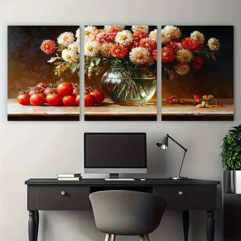 3pcs Chrysanthemums in a Glass Vase with Tomato Wall Art Set Canvas Framed 60x90cm - High Quality Print 100% Australian Made Wall Canvas Ready to Hang