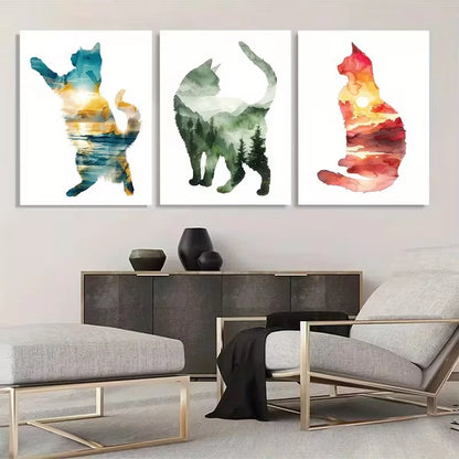3pcs Adventure Cats Natural Forest Sunset Wall Art Set Canvas Framed 50x70cm - High Quality Print 100% Australian Made Wall Canvas Ready to Hang