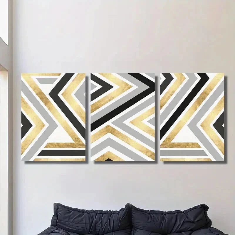 3pcs ,Golden artistic lines, golden black gray Metal Print Ready to Hang Art