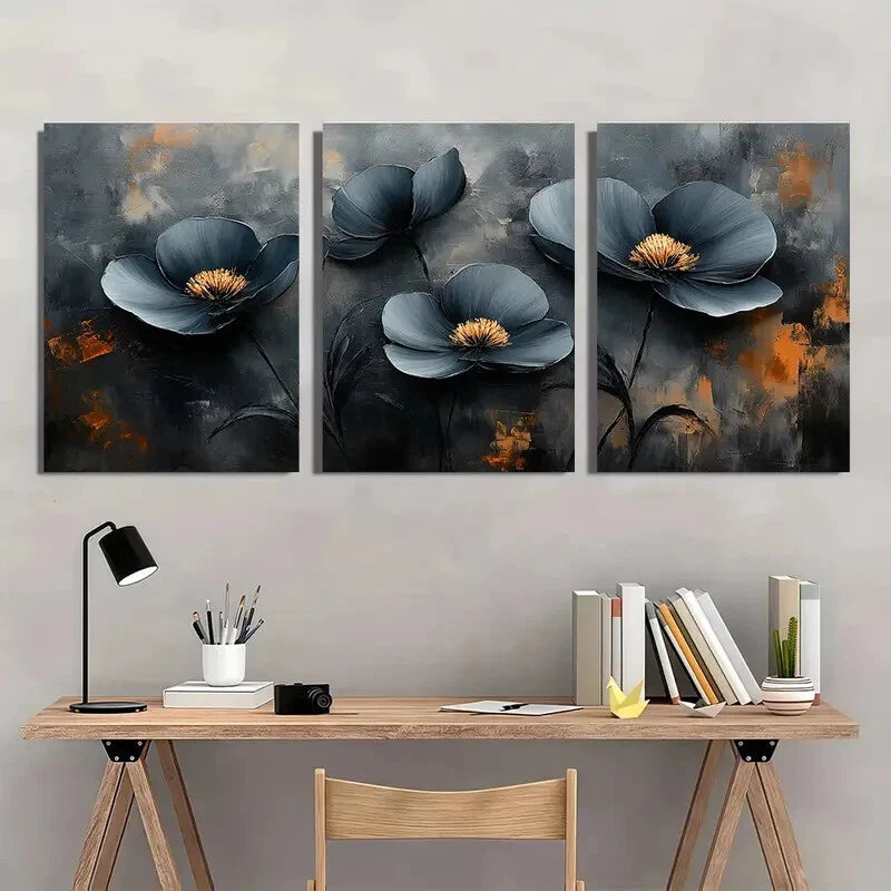 3pcs Abstract Floral Black and White Textured Metal Print Ready to Hang Art