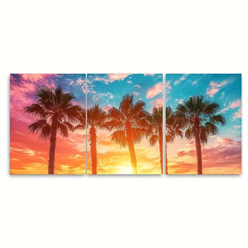 3pcs Palm Trees Under Colorful Sky Metal Print Ready to Hang Art