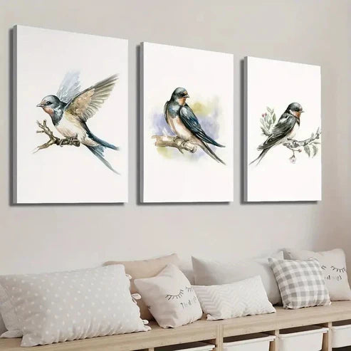 3pcs Bird Illustration on Tree Branch Wall Art Set Canvas Unframed - High Quality Print 100% Australian Made Wall Canvas