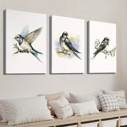 3pcs Bird Illustration on Tree Branch Wall Art Set Canvas Unframed - High Quality Print 100% Australian Made Wall Canvas