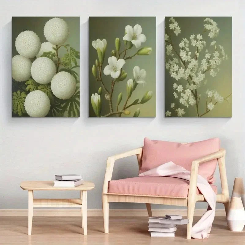 3pcs White Flowers Green Leaves Painting Metal Print Ready to Hang Art