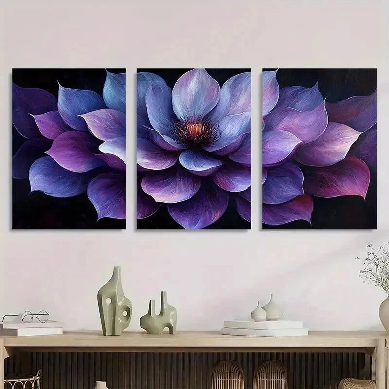 3pcs Vibrant Purple & Gray Swirling Flower Metal Print Ready to Hang Art