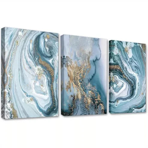 3pcs Blue & Golden Abstract Watercolor Wall Art Canvas Unframed - High Quality Print 100% Australian Made Wall Canvas