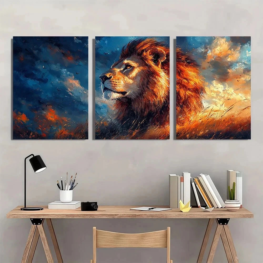 3pcs Lion Painting Golden Animal Themed Metal Print Ready to Hang Art