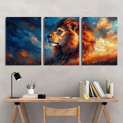 3pcs Lion Painting Golden Animal Themed Metal Print Ready to Hang Art