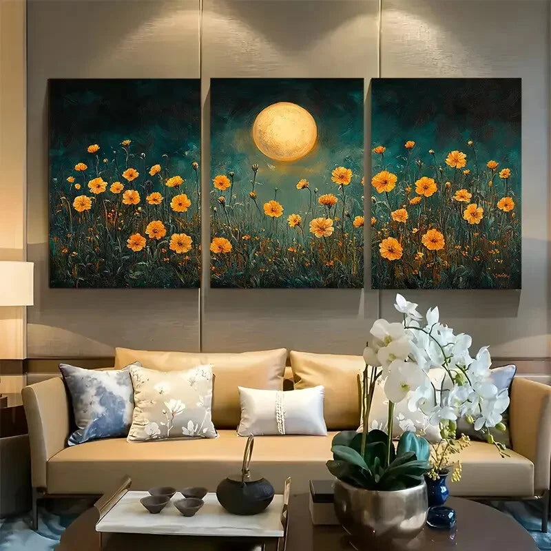 3pcs Moonlit Marigolds Golden Blooms Metal Print Ready to Hang Art