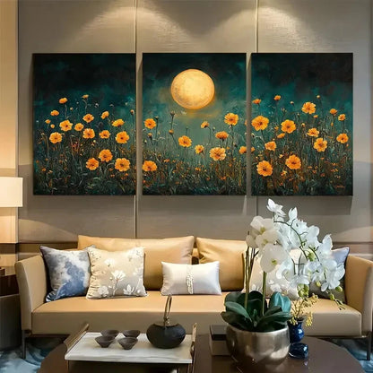 3pcs Moonlit Marigolds Golden Blooms Metal Print Ready to Hang Art