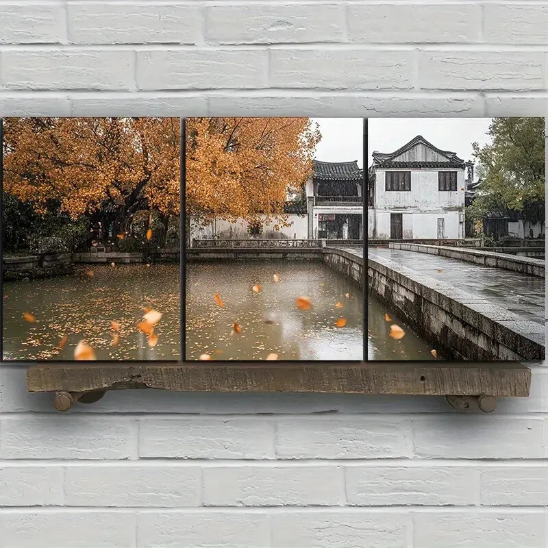 3pcs Vibrant Autumn Scene with Red Maple Leaves Metal Print Ready to Hang Art