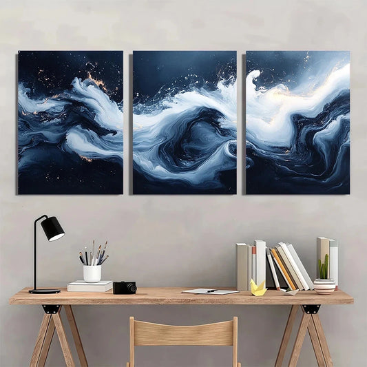 3pcs Swirling Liquid Shapes Blue & White Wall Art Set Canvas Framed 50x70cm - High Quality Print 100% Australian Made Wall Canvas Ready to Hang
