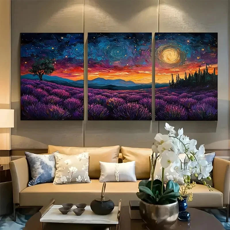 3pcs Vibrant Lavender Field & Starry Night Metal Print Ready to Hang Art