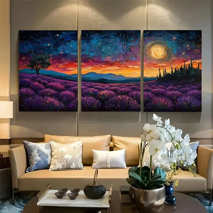 3pcs Vibrant Lavender Field & Starry Night Metal Print Ready to Hang Art