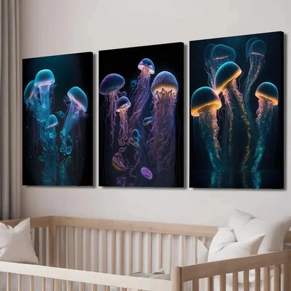 3pcs Glowing Jellyfish Marine Life Wall Art Set Canvas Framed 50x70cm - High Quality Print 100% Australian Made Wall Canvas Ready to Hang
