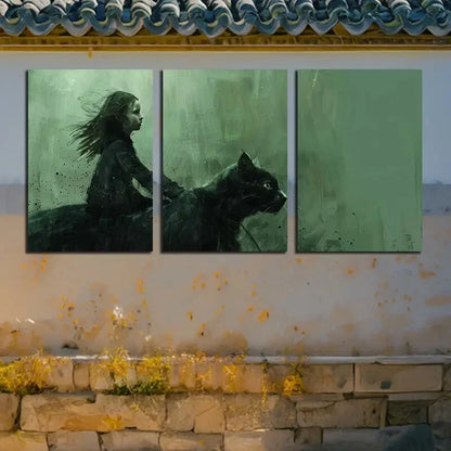 3pcs Girls and Cats Dark Theme Illustration Metal Print Ready to Hang Art