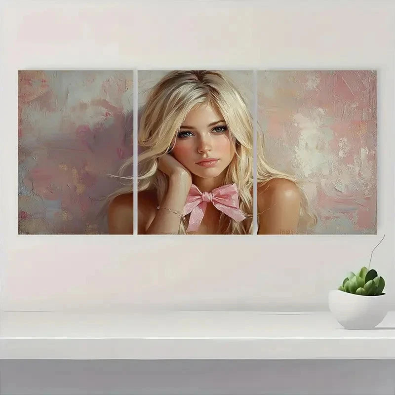 3pcs Blonde Girl Coquette Pink Bow Perfect Wall Art Set Canvas Framed 40x60cm - High Quality Print 100% Australian Made Wall Canvas Ready to Hang