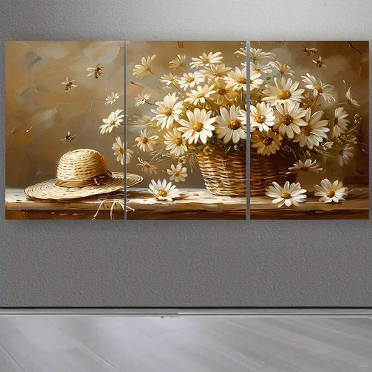 3pcs Flower Basket and Straw Hat Design Metal Print Ready to Hang Art