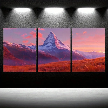 3pcs Vibrant Snowy Mountain Peak Illustration Metal Print Ready to Hang Art