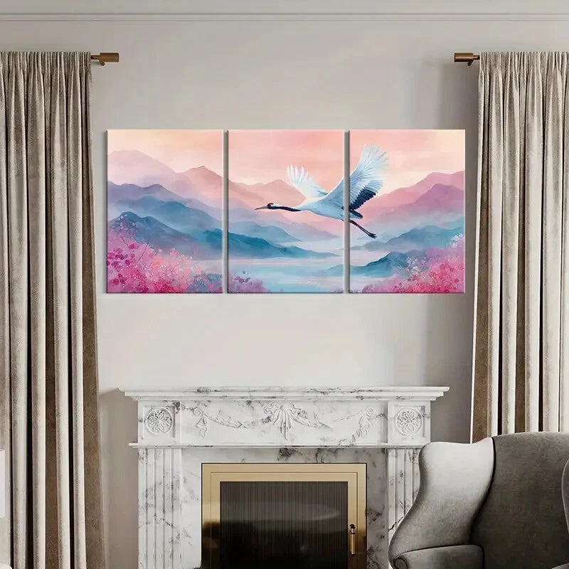 3pcs Crane Flight Over Serene Mountains Metal Print Ready to Hang Art