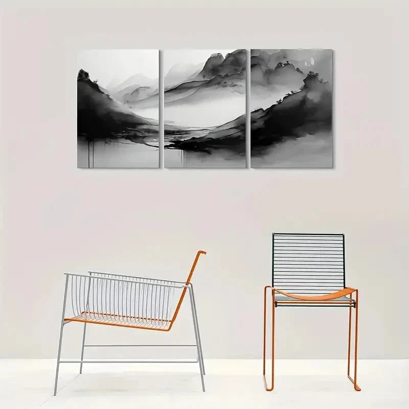 3pcs Abstract Black & White Landscape Metal Print Ready to Hang Art