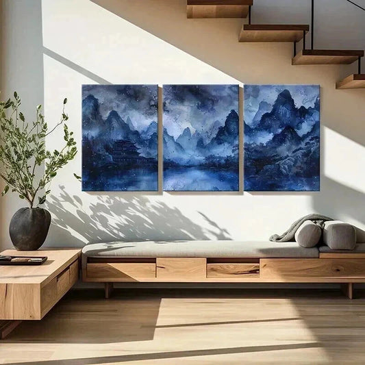 3pcs Bluish Chinese Traditional Landscape Metal Print Ready to Hang Art