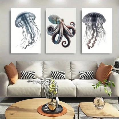 3pcs Octopus Jellyfish Decorations Painting Metal Print Ready to Hang Art