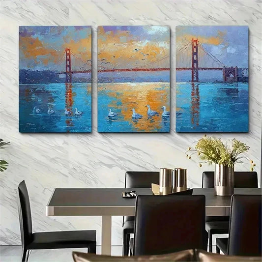 3pcs Modern Minimalist Bridge & Seagulls Perfect Wall Art Set Canvas Framed 50x70cm - High Quality Print 100% Australian Made Wall Canvas Ready to Hang
