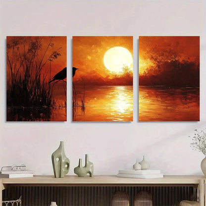 3pcs Serene Bird & Reeds Scene Warm Tones Metal Print Ready to Hang Art