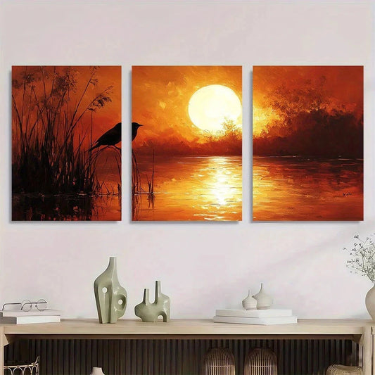3pcs Serene Bird & Reeds Scene Warm Tones Metal Print Ready to Hang Art