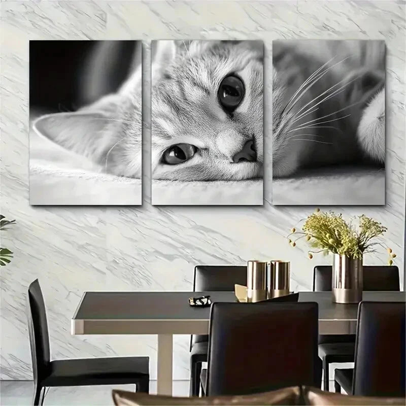 3pcs Black & White Adorable Kitten Art Print Metal Print Ready to Hang Art