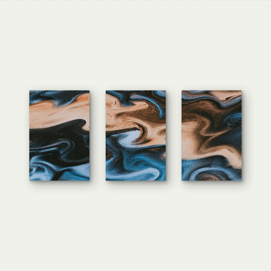 3pcs Blue and Bronze Marble Abstract Fluid Swirl Wall Art Set Canvas Framed 60x90cm - High Quality Print 100% Australian Made Wall Canvas Ready to Hang