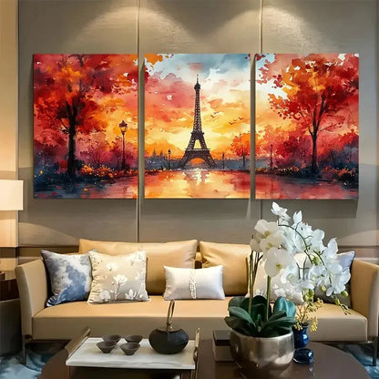 3pcs Eiffel Tower Sunset Vibrant Watercolor Metal Print Ready to Hang Art