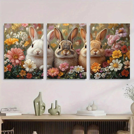 3pcs Bunny Charming Rabbit & Floral Metal Print Ready to Hang Art