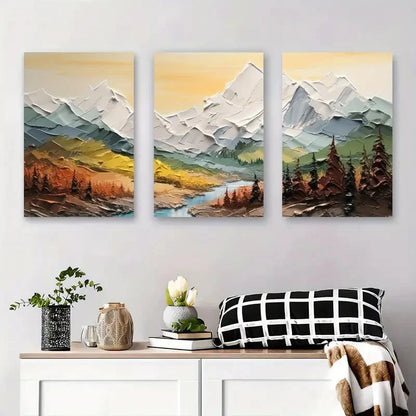 3pcs  Scenic Mountain River & Forest Oil Painting Metal Print Ready to Hang Art