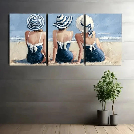 3pcs Three Young Women in the Beach Vintage Style Metal Print Ready to Hang Art