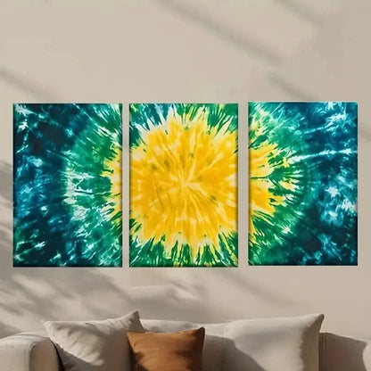 3pcs Yellow and Green Tie Dye Painting Wall Art Set Canvas Framed 40x60cm - High Quality Print 100% Australian Made Wall Canvas Ready to Hang