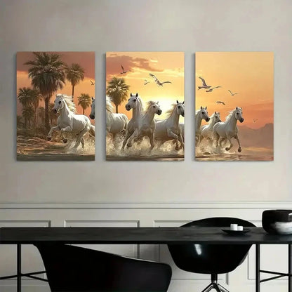 3pcs White Horses Running in Desert Sunset Metal Print Ready to Hang Art