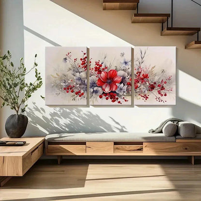 3pcs Red Flower Bouquet Abstract Floral Vibrant Metal Print Ready to Hang Art