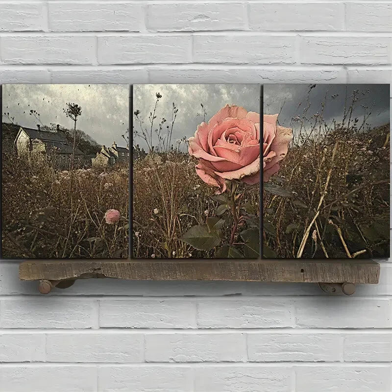 3pcs Rose in the Rain Nature Scenery Metal Print Ready to Hang Art